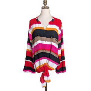 Ali Miles Tie Waist Shirt Blouse Plus Size 1X Multicolor Striped Roll Tab Sleeve